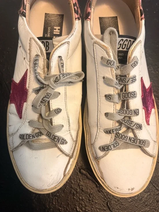 Golden Goose White Sneakers with Pink Star and Leopard Heel - Picture 5 of 8